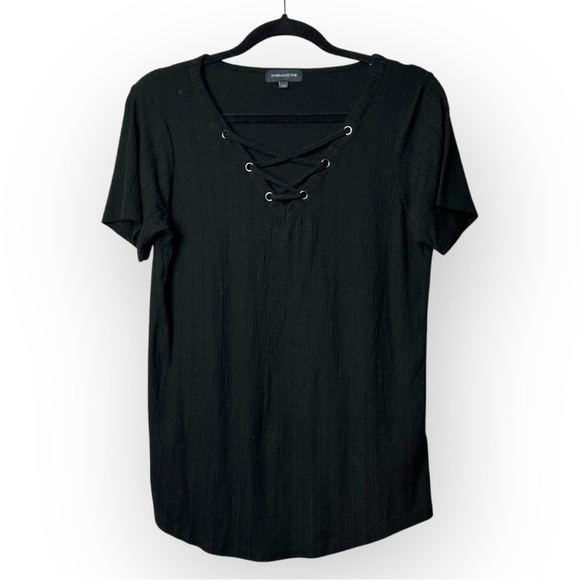 Warehouse One Black Lace Up V Neck Tee L - Picture 1 of 5